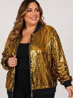 NWT Agnes Orinda Plus Size Metallic Gold Sequin Bomber Jacket 4X